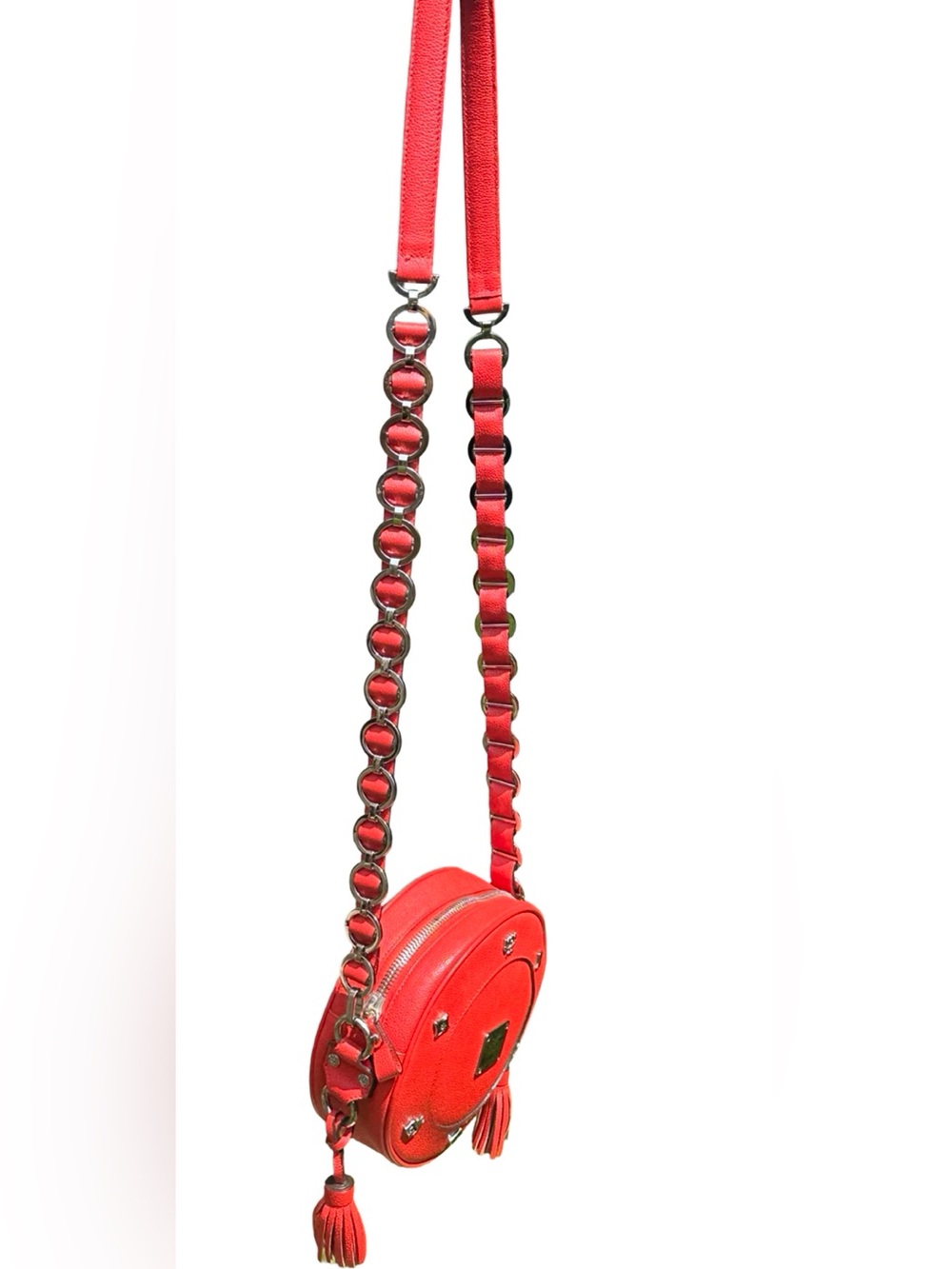 VTG MCM Red Grained Leather Round Tambourine Crossbody Bag Silver Studded - Picture 6 of 16